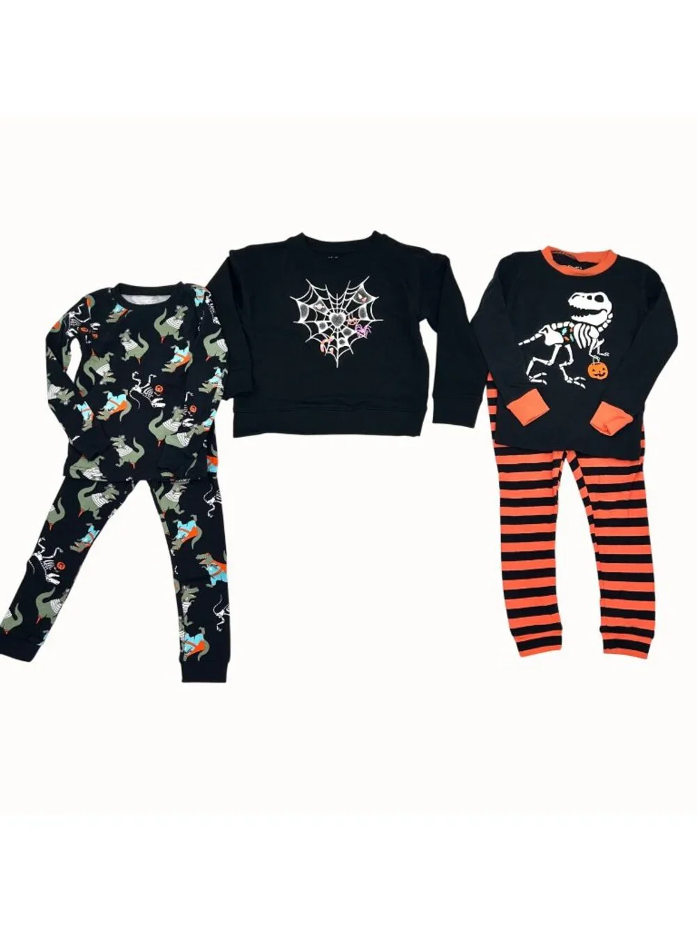 5 PC LOT 4T/XS HALLOWEEN PJS & SWEATSHRT DINOSAUR PIRATE SPIDERWEB SKELETON GLOW